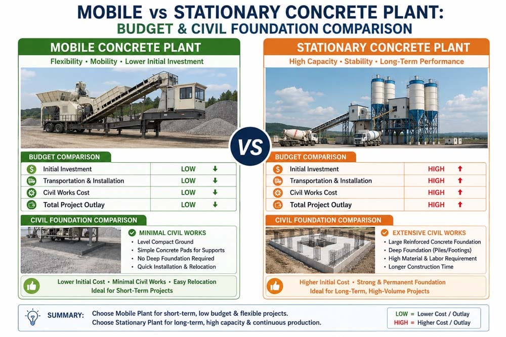Mobile vs Stationary Concrete Plant: Budget & Civil Foundation Comparison
